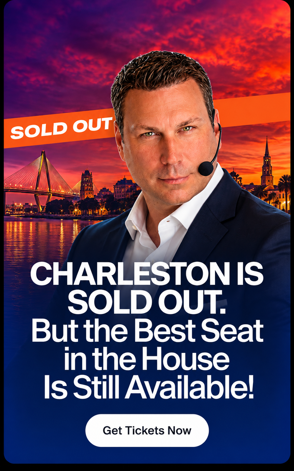 Kevin Parsells against a Charleston sunset. The artwork says Charleston is sold out and includes a Get Tickets Now button.